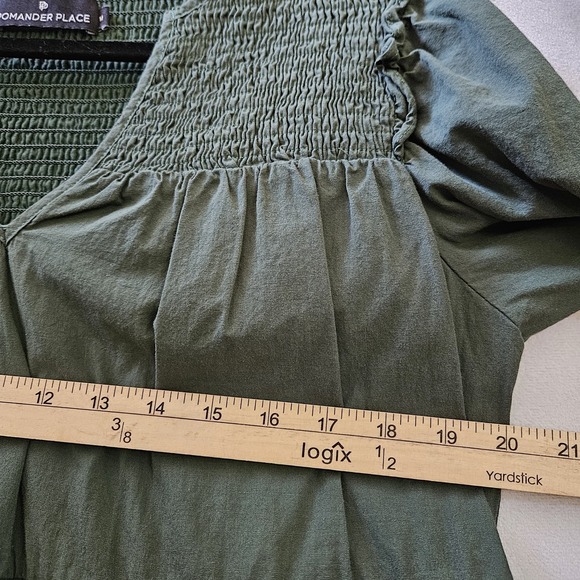 Pomander Place Dress sz M Ceci Smocked Long Sleeve Green Tiered Cotton Mini Boho - Picture 5 of 16